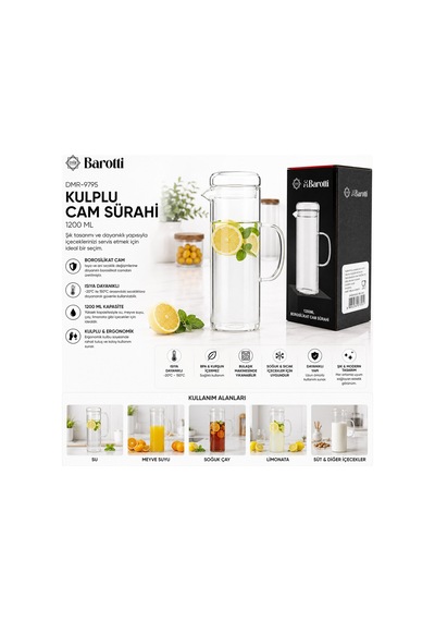 Barotti Dmr-9795 Cam Kapaklı Düz Borosilikat Cam Sürahi 1200 Ml- 12'li Paket