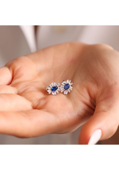 Sembol Gold Baget Taşlı Altın Safir Küpe