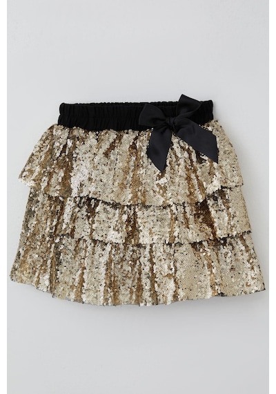 Breeze Kız Çocuk Etek Kat Kat Pul Payetli Fiyonk Aksesuarlı 5-10 Yaş, Gold Altın