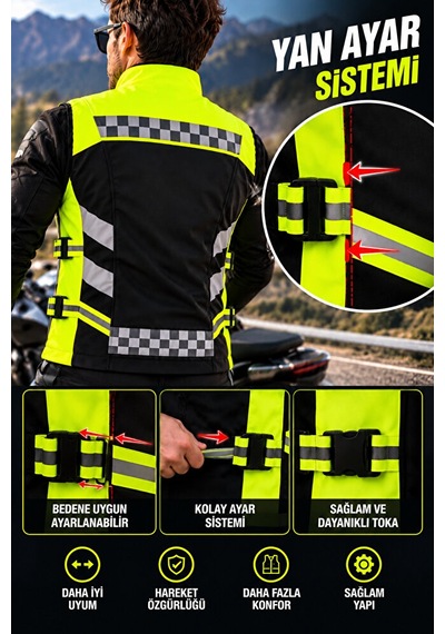 Snow Wolfs Softshell Kumaş, Suya Dayanıklı Motorcu Yeleği, Reflektörlü, Yanlarından Ayarlanabilir Siyah
