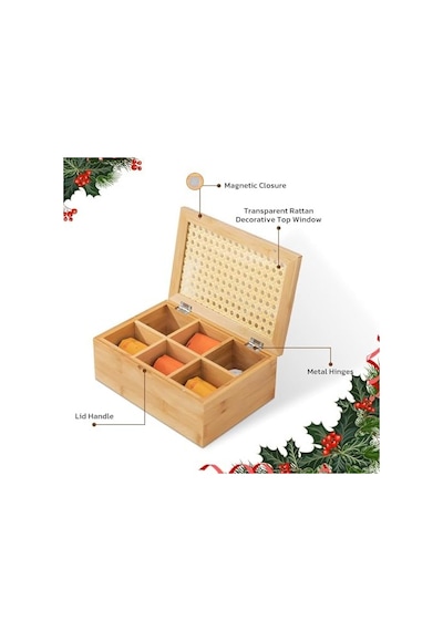 Orjinal Bambu Organizer, Çay Kutusu, Takı Kutusu, Mıknatıslı Kapak, Premium Kalite 6 Bölmeli