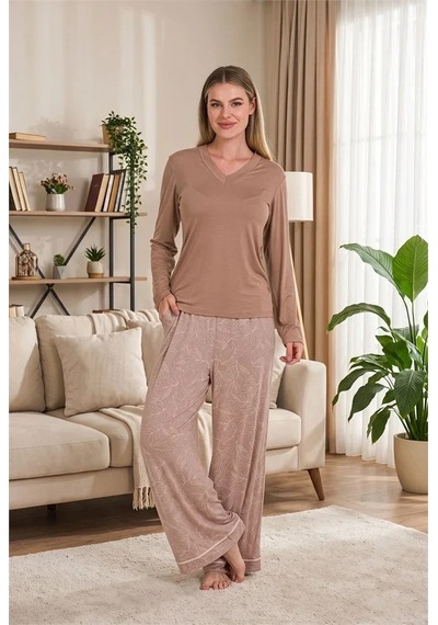 Go İthalat Şık Tasarım Viskon Yaprak Desenli V Yaka Uzun Kollu Kadın Pijama Takımı Görsel
