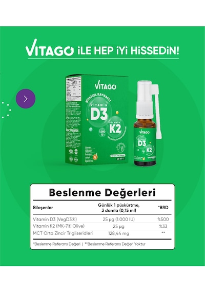 Vitago D3 Vitamini K2 İçeren Oral Sprey 20 ML