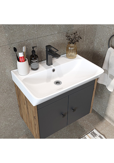 Ada Lavabolu Mat Suntalam Banyo Alt Dolabı 60 Cm Atlantik Çam - Antrasit
