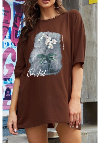Unisex Orchid Baskılı Oversize Tshirt Kahverengi