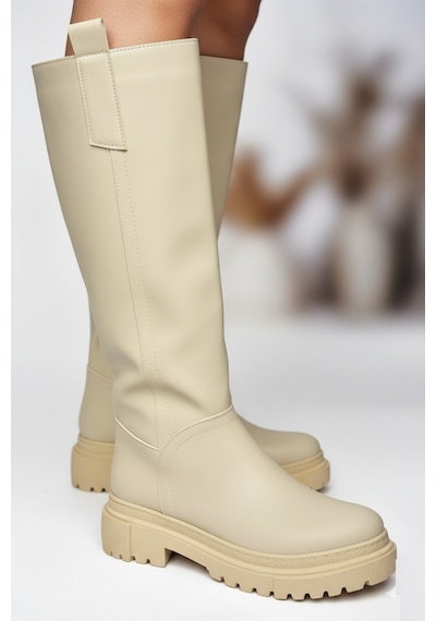 Fox Shoes V973222209 Bej Kalın Tabanlı Kadın Binici Çizmesi Bej