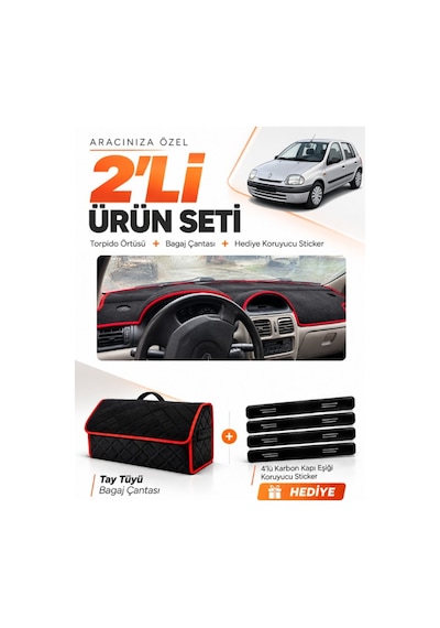 Renault Clio 2 Ekranlı 1998-2001 Uyumlu Torpido Örtüsü + Tay Tüyü Çanta Seti - Siyah Kırmızı