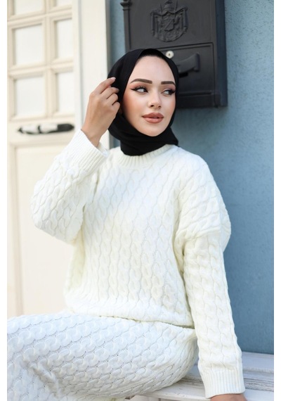 Harman Butik Kadın Örgülü Triko Tesettür Elbise Beyaz BEYAZ