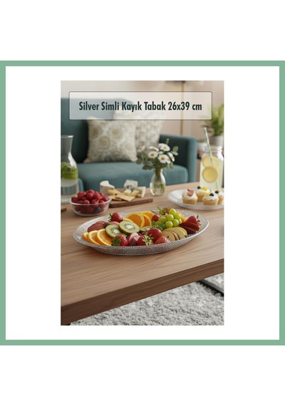 Bşkvirgo Silver Simli Büyük Kayık Tabak Sunum & Servis Tabağı - 26,5 X 39,5 Cm Bsk2026