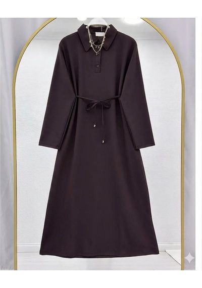 Lovie Moda Kadın Polo Yaka Bağcıklı Elbise - Kahverengi