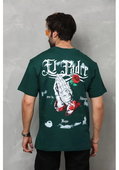 Suma Yeşil Unisex Oversize Bisiklet Yaka Baskılı T-shirt