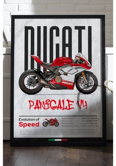 Ducati Panigale V4 Siyah Ahşap Çerçeveli Poster, Dekoratif Motosiklet Duvar Tablosu