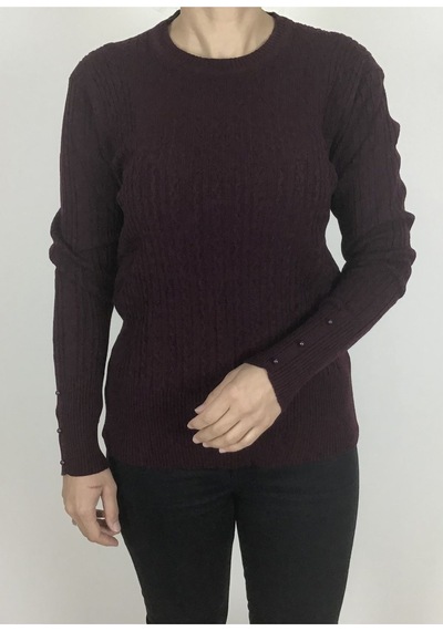 Saç Örgü Desenli Kalın Likralı Kolları Boncuk Detaylı Bluz Bordo