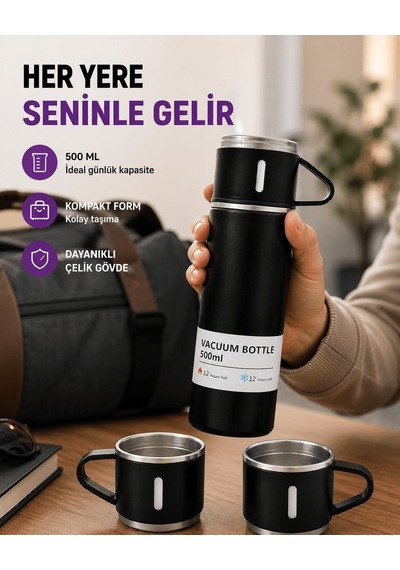 Çelik Termos Bardak Seti 500 Ml Kapasite, Kaymaz Taban, Hediye Kutulu - 4999