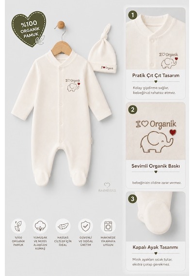 Babyden's Organik Pamuk Bebek Tulumu Şapkalı Yenidoğan Hastane Çıkışı Çıtçıtlı Patikli Uzun Kollu Ekru