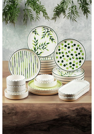 22 Parça 12 Kişilik Greentree Stackable Kahvaltı Takımı - Lüx Kahvaltılık Sunum Seti Tabağı Yeşil