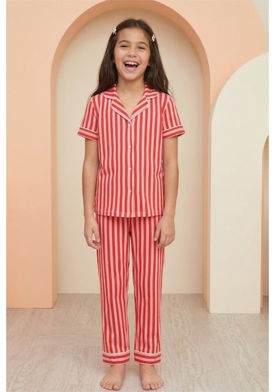 Siyah İnci Pamuklu Likralı Düğmeli Pijama Takım Kırmızı Pembe