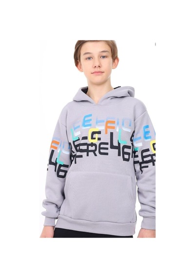 Mon Cherry Erkek Çocuk Üç İplik Renkli Yazılı Kapüşonlu Sweatshirt-13718 Gri