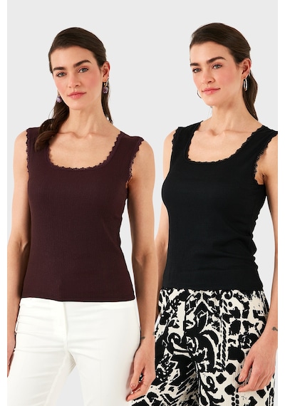 Lela Slim Fit Kalın Dantelli Kare Yaka Bürümcük 2'Li Paket Bayan Atlet 5864979S2 Siyah-Vişne