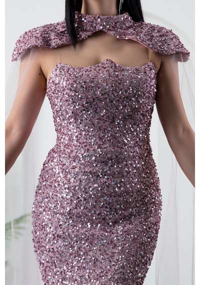 Kalopya Straplez Yaka Bolerolu Pullu Abiye Elbise Ecr5683 Pembe