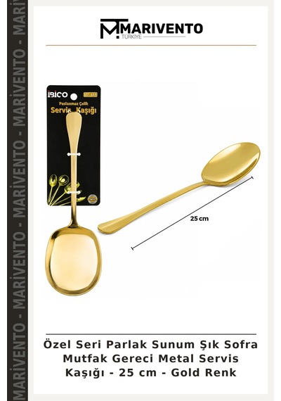 Özel Seri Parlak Sunum Şık Sofra Mutfak Gereci Metal Servis Kaşığı - 25 Cm - Gold Renk