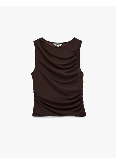 Koton Skinny Fit Bisiklet Yaka Drapeli Kolsuz Tül Bluz Kahverengi 6sak10413ek Kahve