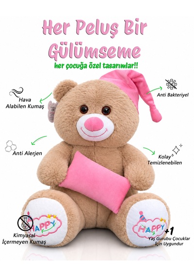 Ayıcık Şapkalı Ve Yastıklı Seri Peluş Ayıcık 60cm - Hediyelik Peluş Oyuncak Açık Kahverengi