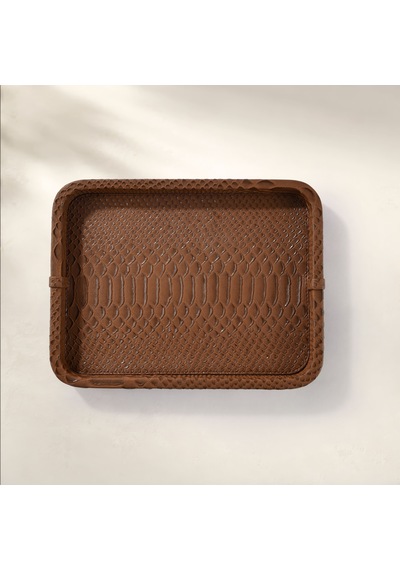Cleo Krokodil Dekoratif Deri Tepsi Kahverengi 30x23x3 Cm