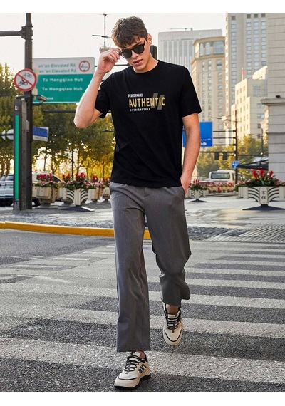 Oversize Unisex Authentic Baskılı Bisiklet Yaka Siyah T-shirt Siyah