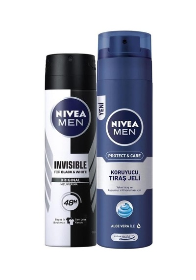 Men Erkek Sprey Deodorant Black&white Invisible Original 48 Saat Anti-perspirant Koruma 150ml Ve Men Protect&care Tıraş Jeli 200ml, Kuru Ciltler İçin, Pürüzsüz Tıraş