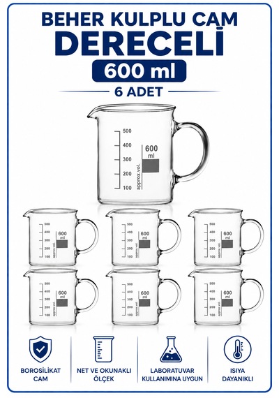 Beher Kulplu Cam 600 Ml - Kısa Form Isıya Dayanıklı Beaker 6 Adet