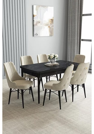 Loft Siyah Mermer 80x132 Açılabilir Mdf Masa Yemek Odası Takımı, Mutfak Takımı 6 Sandalye Krem Loft Siyah Mermer 80x132 Açılabilir Mdf Masa Yemek Odası Takımı, Mutfak Takımı 6 Sandalye Krem