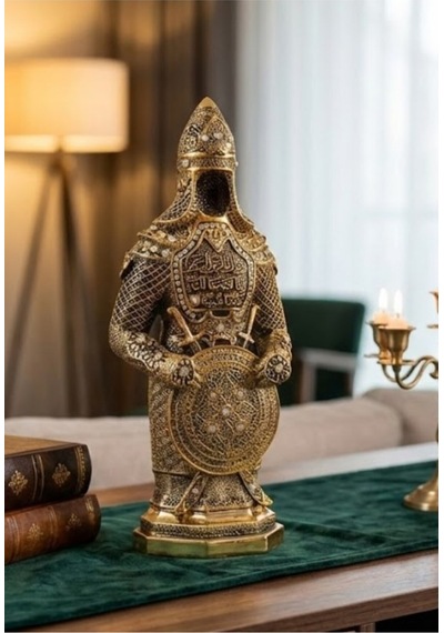Taş İşlemeli Gold Biblo Allah & Muhammed S.a.v Zırhlı Cevşen Ayetli Asker Figürlü Taşlı Biblo 23cm Polyester