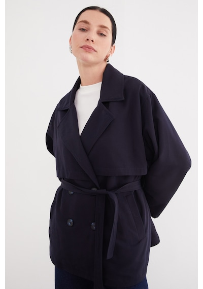 Fullamoda Pelerinli Kuşaklı Geniş Kol Oversize Trençkot Lacivert