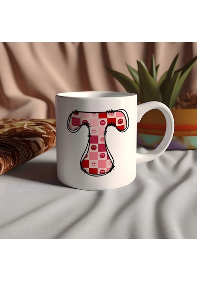 T Harfi Pembe Kareli Kalpli Göz Emojili Kupa Bardak Eğlenceli Kareli Tasarım Kahve Çay Kupası 07 Beyaz