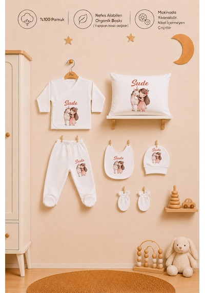 Pia Baby İsme Özel %100 Pamuk Yastık Şapka Önlük Eldiven Zıbın Set Kız Bebek 6 Lı Hastane Çıkışı 1105yz0x Ekru