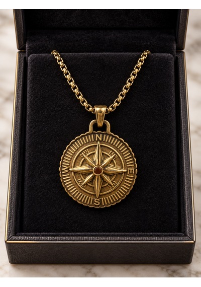 Gold Renk Pusula Figürlü Kolye Yön Temalı Madalyon Uçlu Şık Zincir Kolye Altın - Gümüş