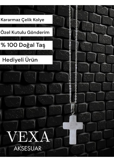 Kuvars Taşlı Haç Kolye - Kararmaz İthal Çelik Zincir - Özel Kutulu Hediyeli Gümüş