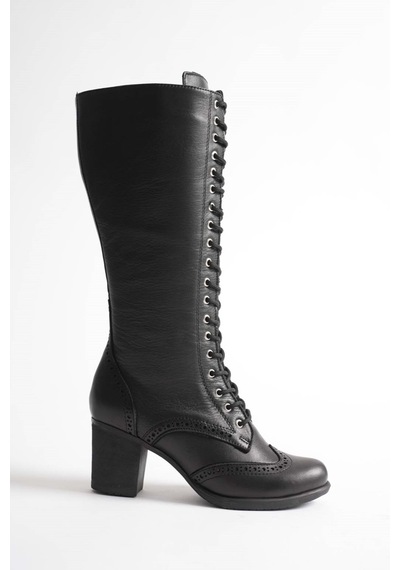 Analin Shoes Kadın Hakiki Deri Bağcıklı Topuklu Çizme Siyah