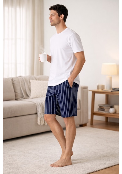 Jiber %50 Modal %50 Pamuk Bisiklet Yaka Erkek Kısa Kollu Şortlu Pijama Takım 15321 Beyaz