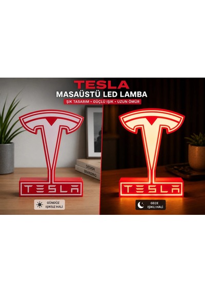 Tesla Masa Lambası , Tesla Logolu Led Işıklı Masa Lambası , Tesla Gündüz Gece Masa Lambası Siyah