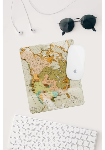 Vintage Harita Çizimli Bilek Destekli Dikdörtgen Mouse Pad Mouse Altlığı. Mousepad