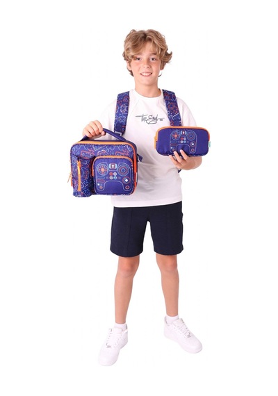 Kaukko Kids Erkek Çocuk Oyun Desenli Üçlü Okul Çanta Seti Okul Çantası+beslenme Çantası+kalemlik Lacivert - Turuncu