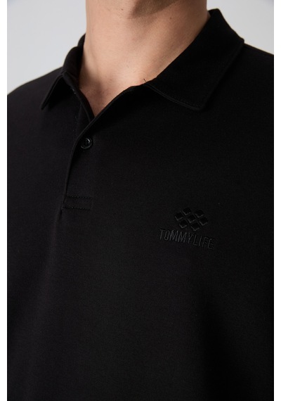 Tommy Life Siyah Pamuklu Kalın Yumuşak Dokulu Oversize Fit Basic Polo Yaka Erkek T-shirt - 88327 001