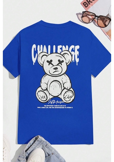 Unisex Chalenge Sırt Baskılı Tasarım Tshirt Mavi