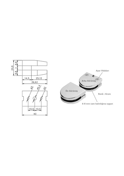 Osena Cam Tutucu Metal Krom 6-8 Mm Ayarlı 1 Takım Krom