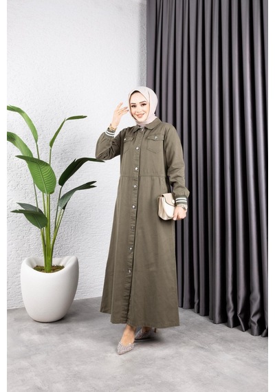 Harman Butik Kadın Düğmeli Pamuk Gabardin Kap Haki Haki