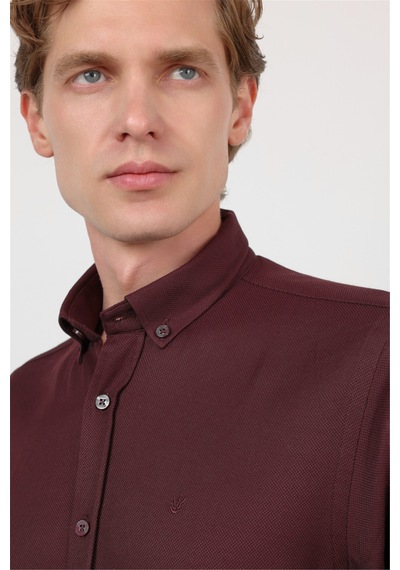 İmza Bordo Düğmeli Yaka Uzun Kol Cepsiz Slim Fit Pamuklu Gömlek 1004260203
