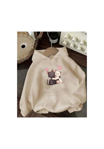 Herkesemoda Kedi Baskı Detaylı İçi Polarlı Kapüşonlu Sweatshirt Bej