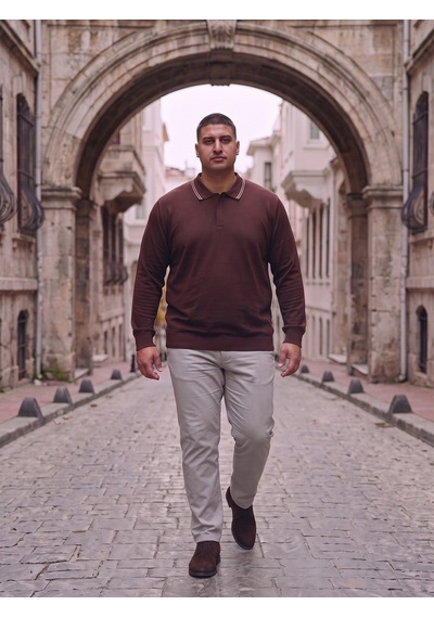 Maccali Erkek Koyu Kahve Büyük Beden Gizli Fermuarlı Polo Yaka Triko Sweatshirt Maccali Erkek Koyu Kahve Büyük Beden Gizli Fermuarlı Polo Yaka Triko Sweatshirt